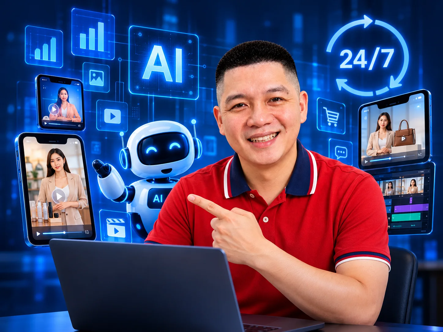 Minh họa AI Trần Nguyên Hoàn bên laptop, robot và công cụ marketing