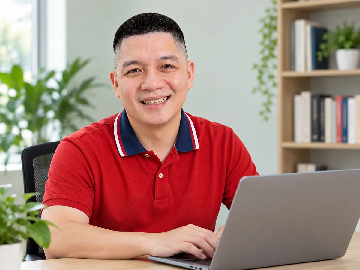 Minh họa AI Trần Nguyên Hoàn hướng dẫn bên laptop